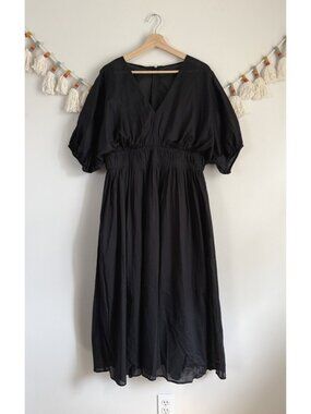 Banana Republic Volie Elbow Sleeve Gathered Midi Dress Black Beachy Whimsical M